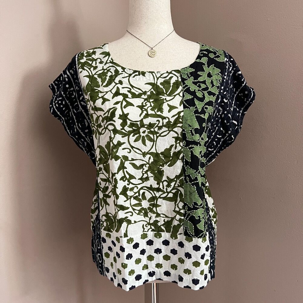Marketplace Handwork of India Patchwork Cotton Top Green Block Print Artisan S